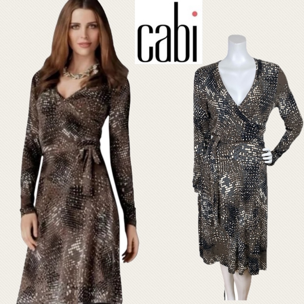 CAbi 658 Dappled Dots Faux Wrap Midi Dress Long Sleeves Belt Stretchy Sz Medium